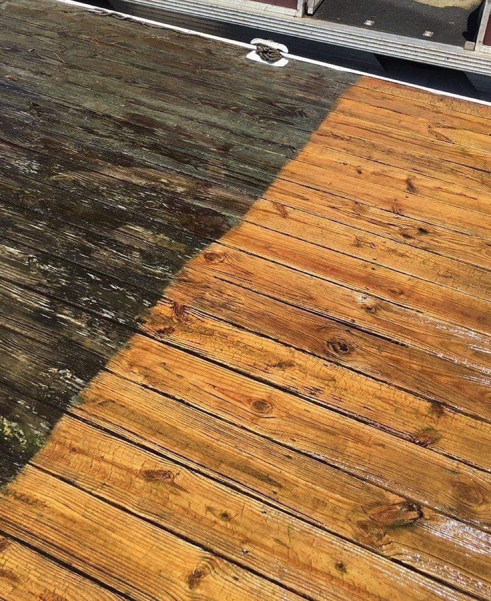 Wood deck before and after pressure washing